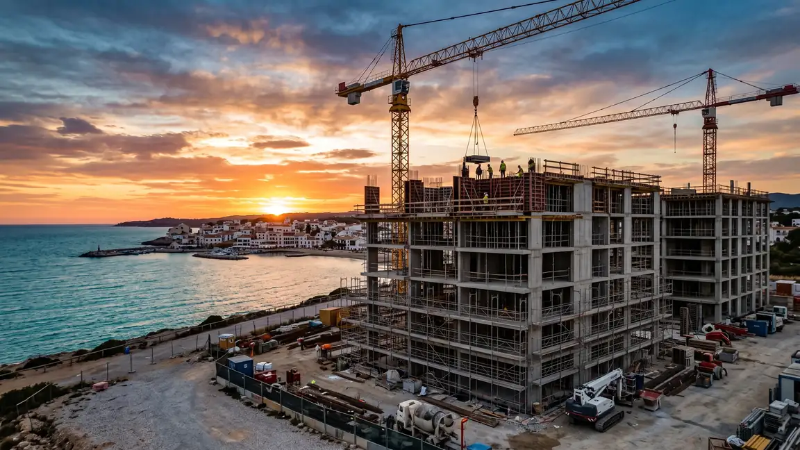 Residential development frame rising at sunset with tower cranes, off-plan property marketing by TERAMOK