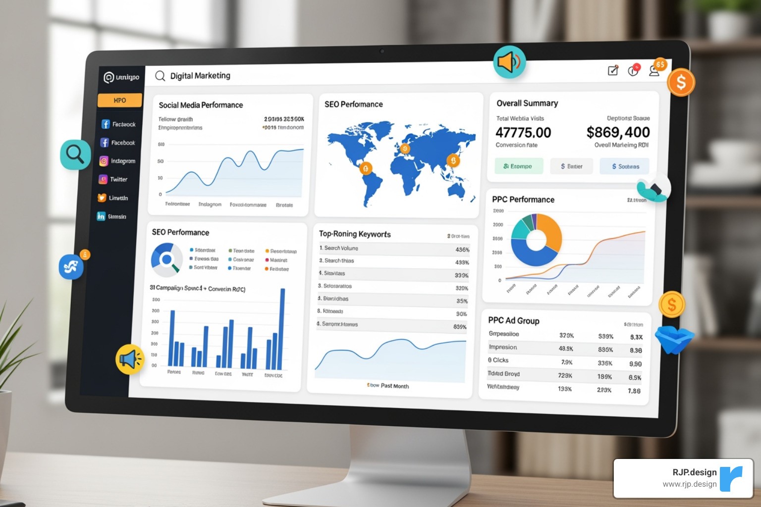 digital dashboard showing metrics from multiple marketing channels - full service digital marketing and advertising agency
