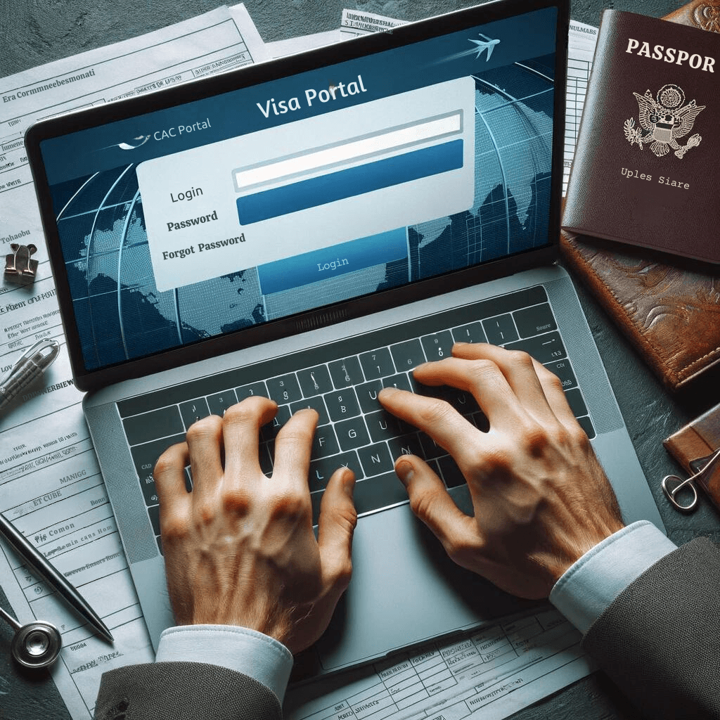 Close-up of hands typing on a laptop with the CEAC portal login page on the screen, surrounded by essential immigration documents and a passport, symbolizing the beginning of the NVC CEAC visa application process.