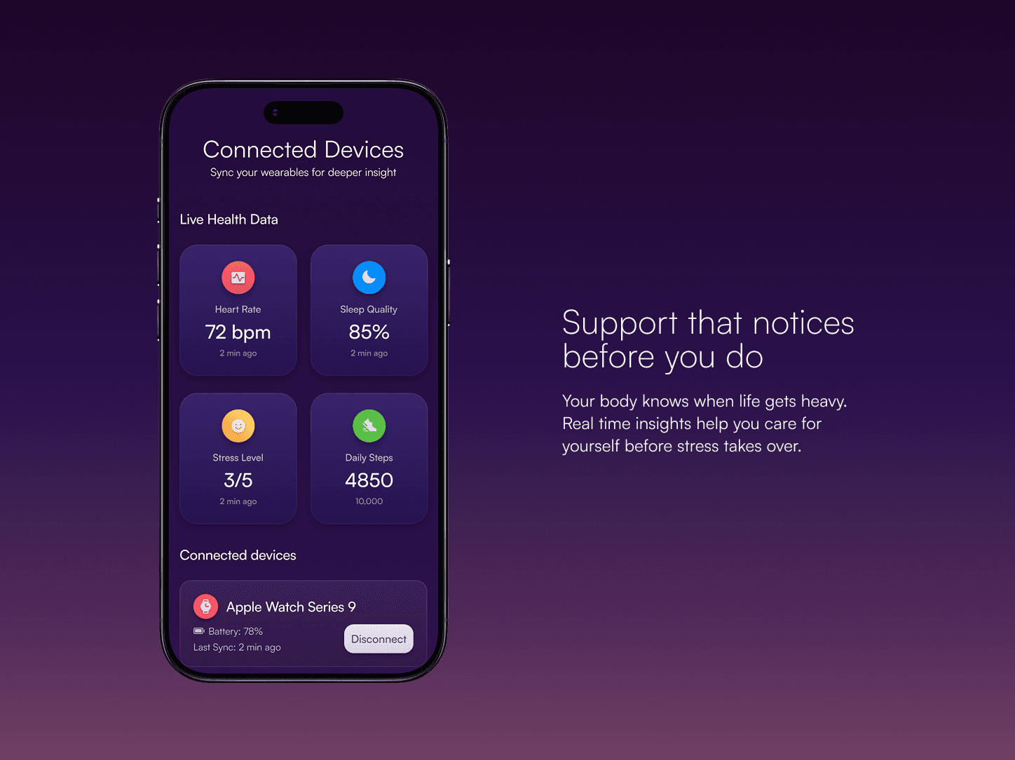 SerenAI crisis support screen with emergency call button, hotline options, and grounding exercises.