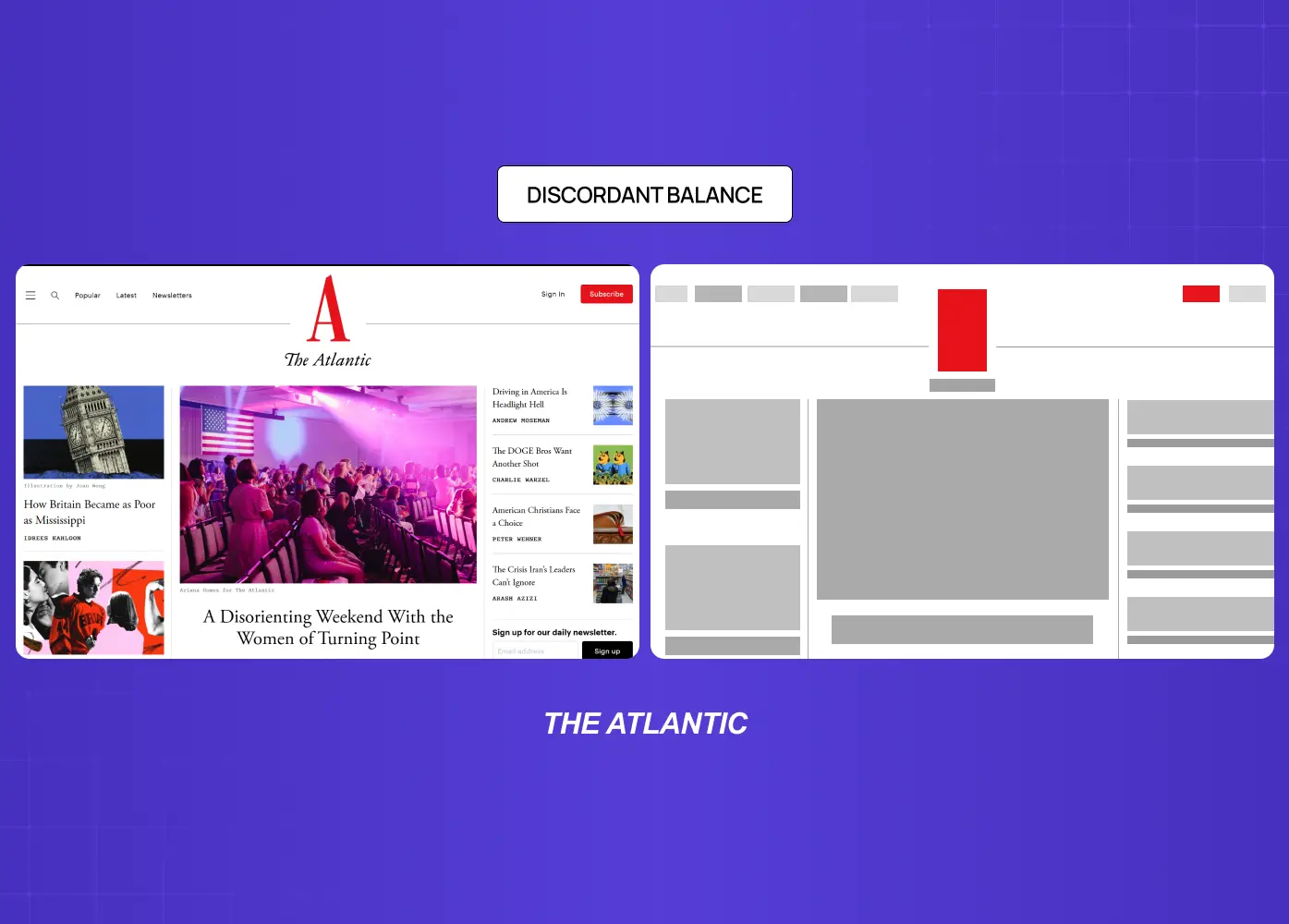 Editorial website layout demonstrating discordant balance, using contrasting element sizes and placements to create visual tension and emphasis.