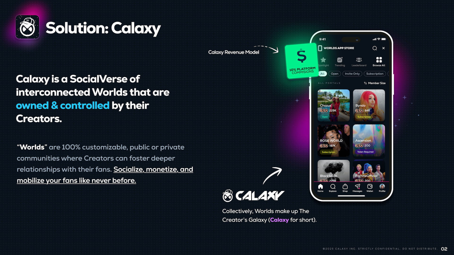Calaxy pitch deck solution slide - SocialVerse of interconnected Worlds with 10% platform commission, showing Worlds App Store with creator communities