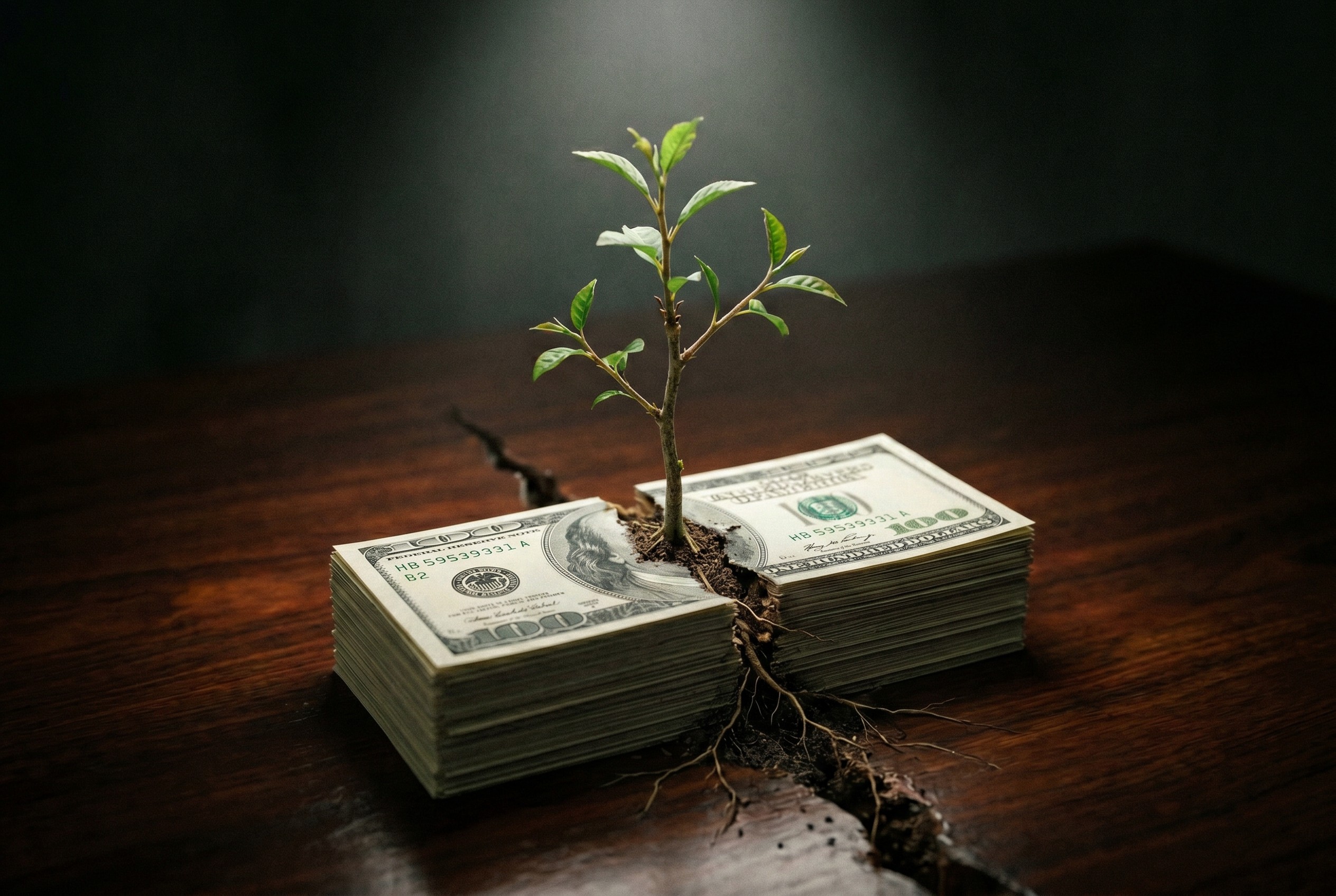 Small green sapling growing from stack of hundred dollar bills on dark desk surface under dramatic overhead spotlight conveying long-term capital growth