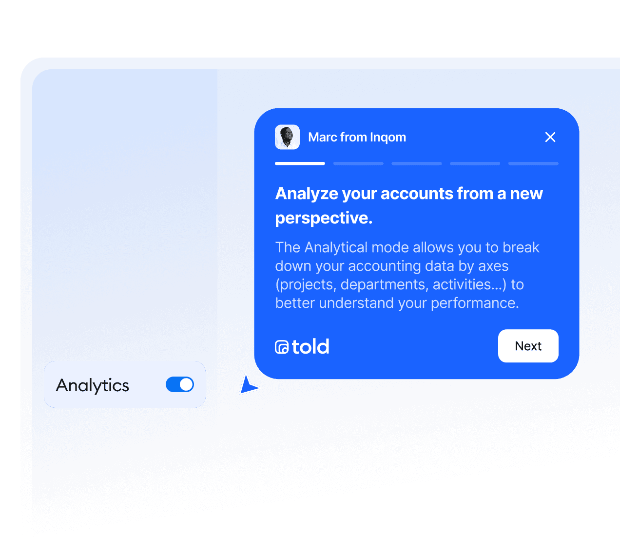 In-app product tour announcing a new feature with a blue tooltip explaining analytics insights inside a software interface.