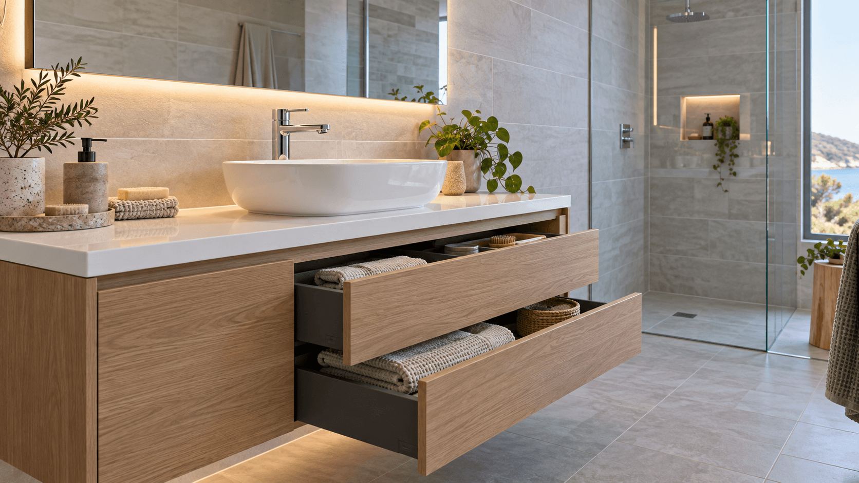 Illustrative bathroom concept showing vanity drawer storage, mirror lighting and shower
