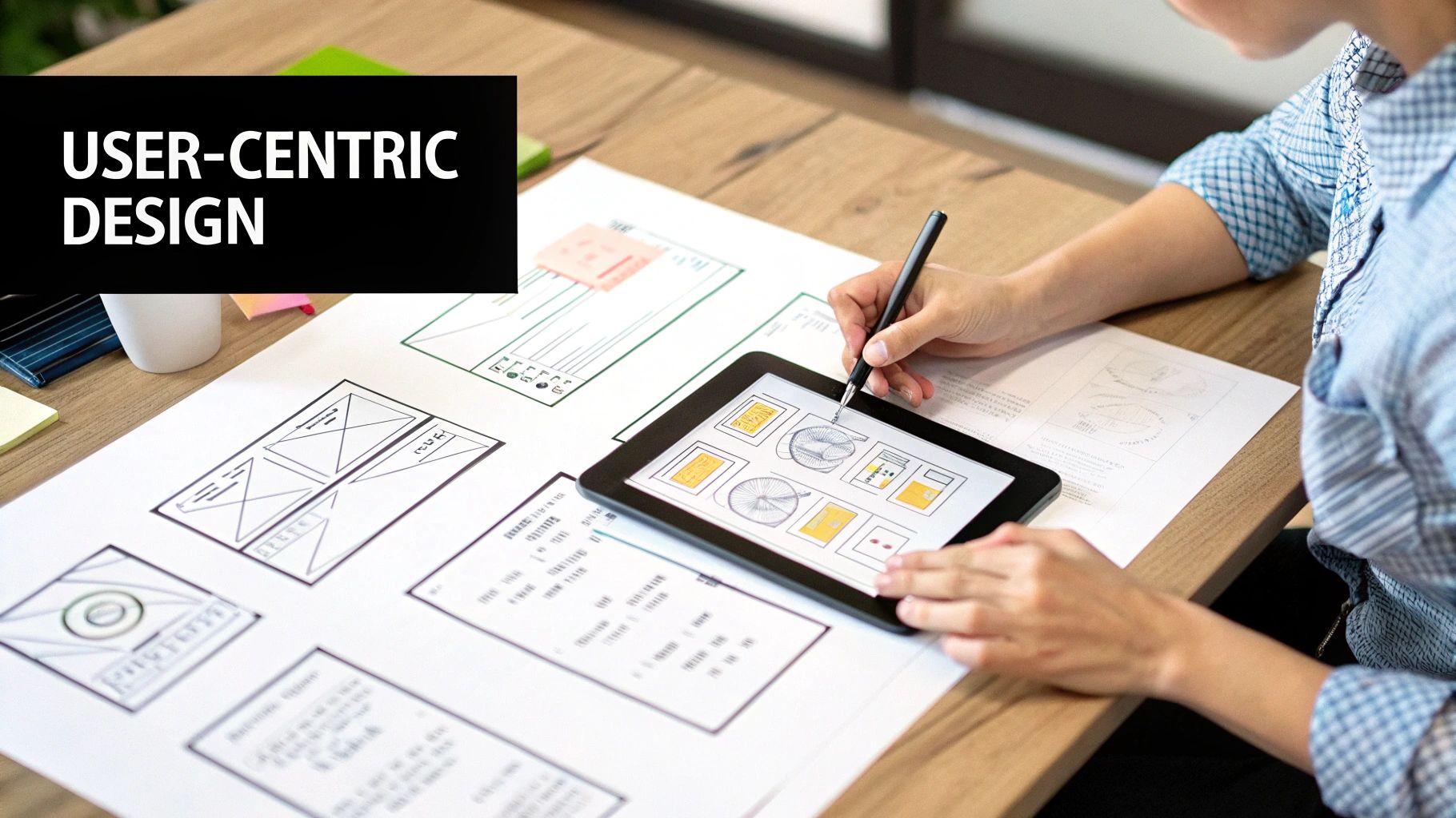 A person uses a stylus on a tablet displaying UI designs, surrounded by paper wireframes, illustrating user-centric design.