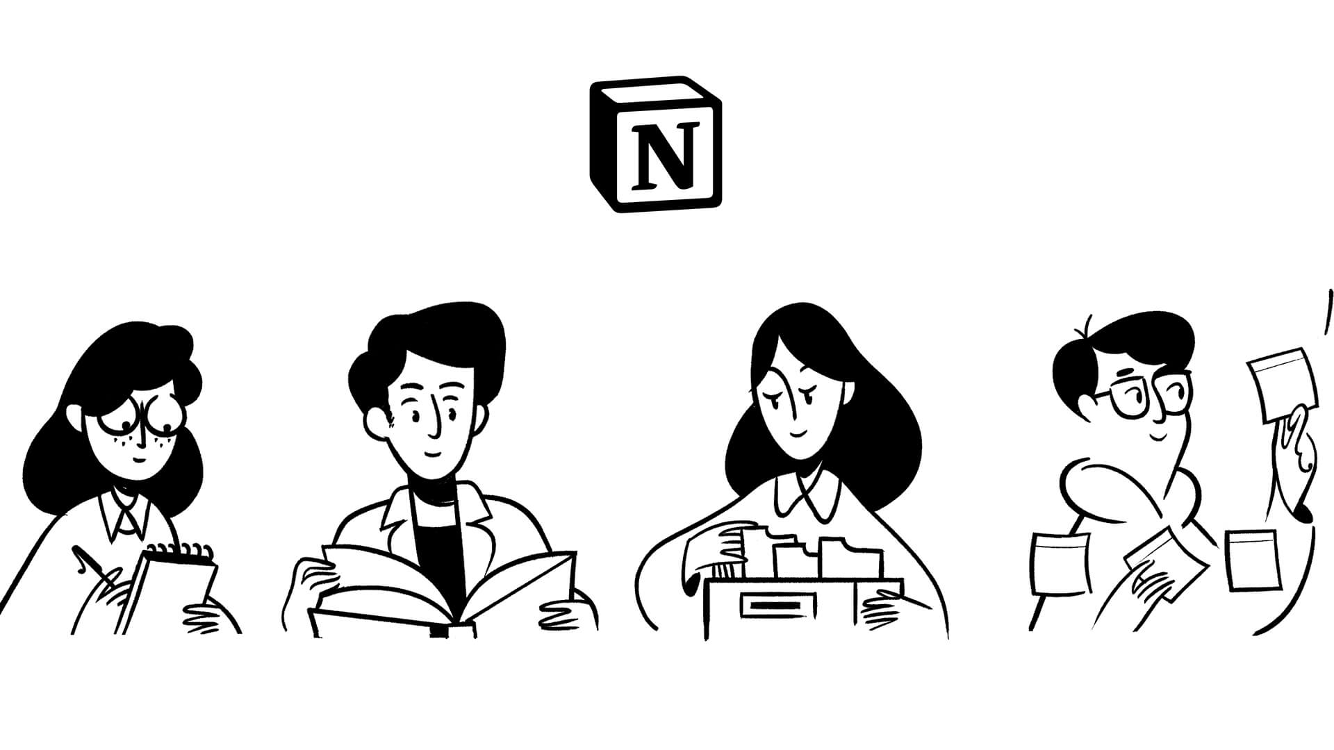 Notion illustration featuring diverse cartoon characters organizing notes and documents, reflecting the platform’s collaborative workspace brand