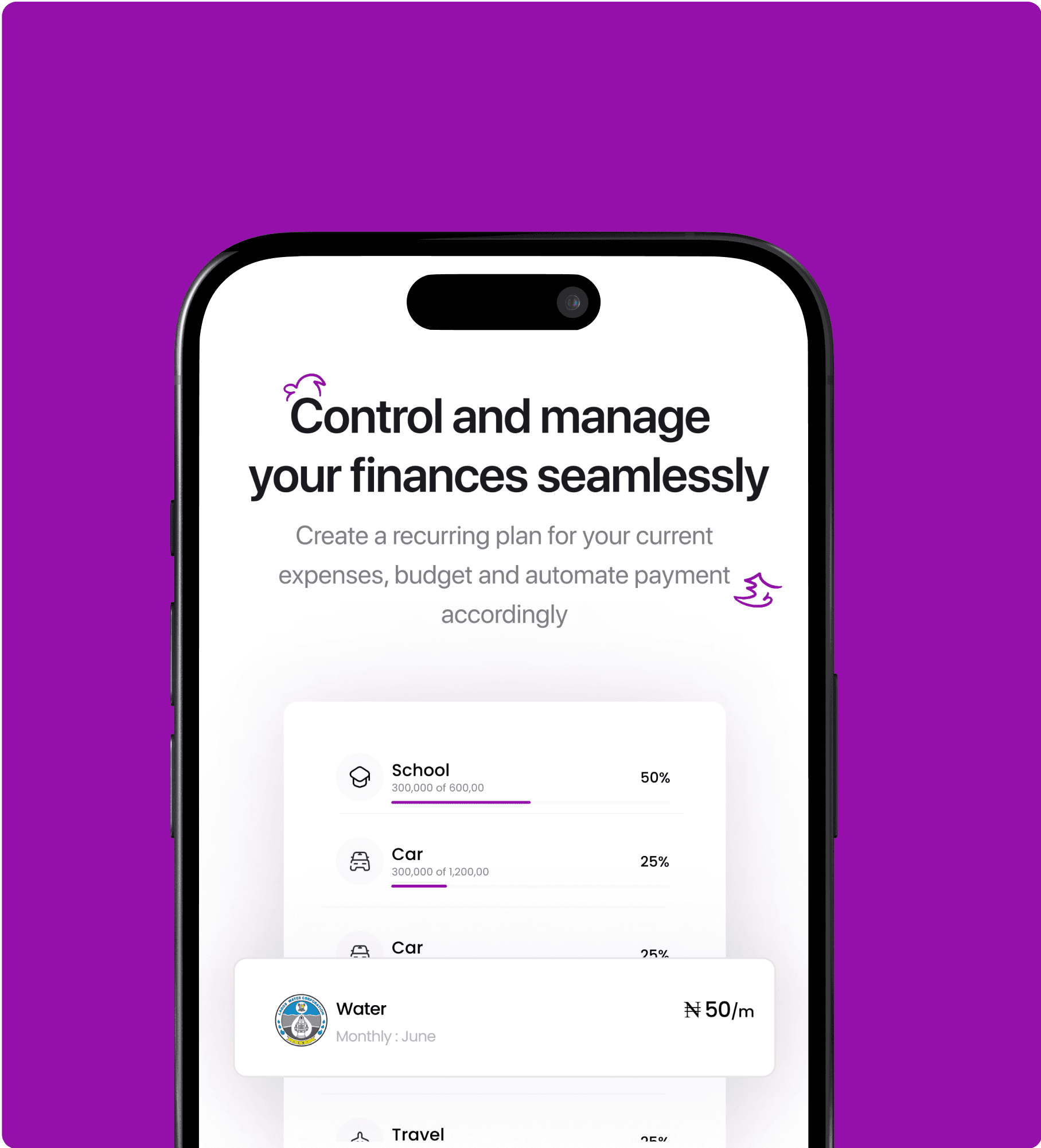 The image shows a smartphone displaying a financial management app interface on a vibrant purple background, featuring options to create recurring plans for expenses like "School," "Car," and "Groceries," with a notification for a water bill payment of 50 currency units.