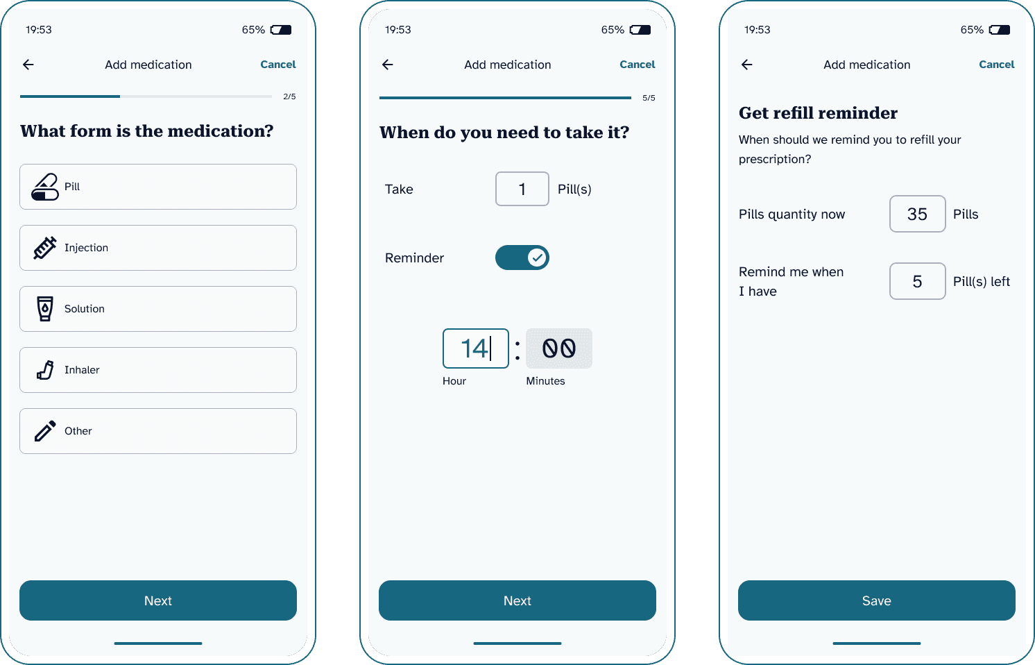 Three screenshots showing the steps of setting up a new medication in the mobile app