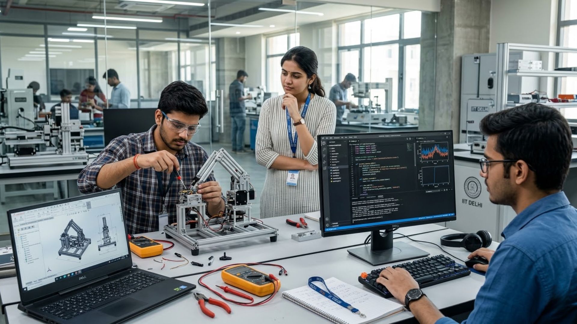 Students working on coding and robotics projects in an engineering lab while comparing computer science vs mechanical engineering