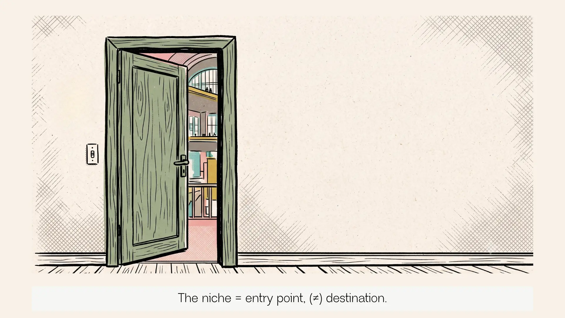 A single door, slightly ajar, with a much larger space visible through the gap.