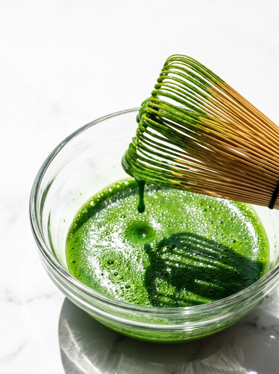 Bamboo whisk dripping with vibrant whisked matcha over a glass bowl