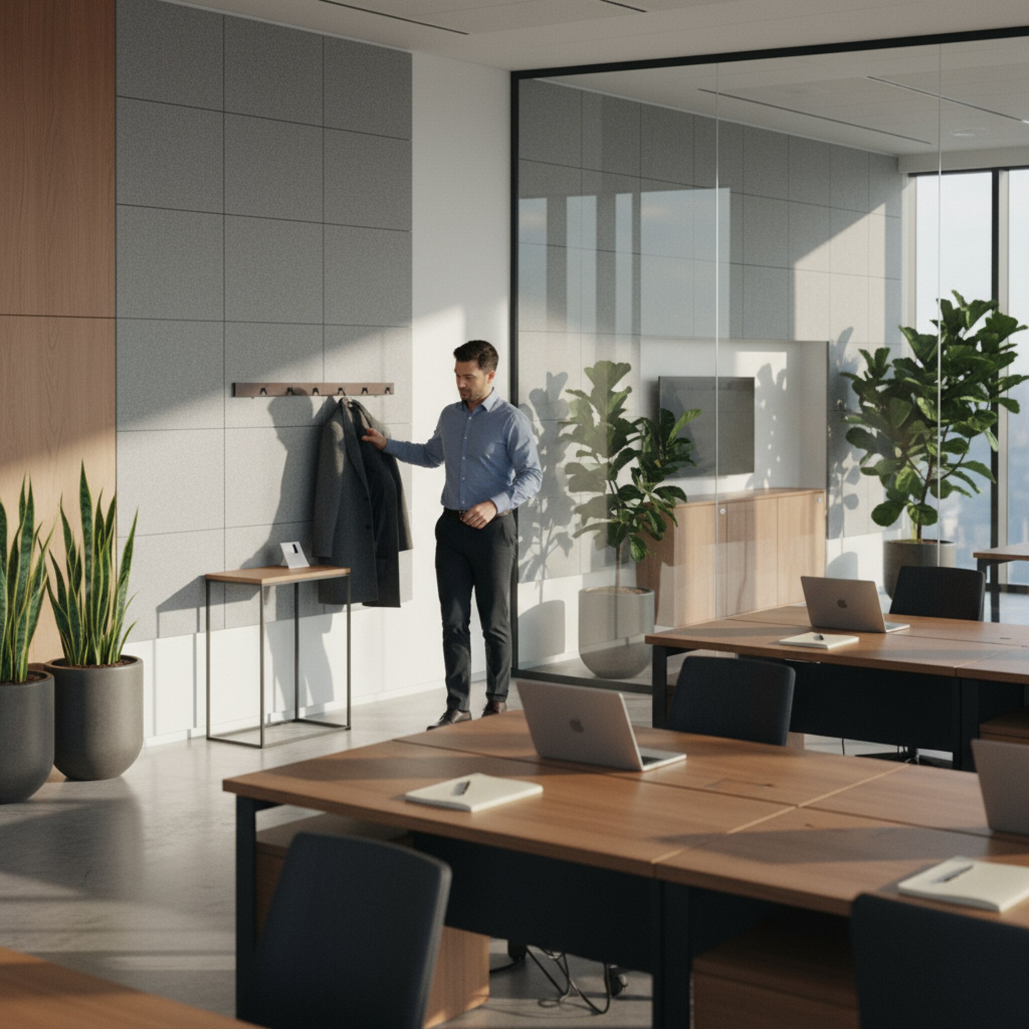 Frühes Licht fällt durch hohe Glasfronten einer Bankzentrale auf eine Reihe ruhiger Arbeitsplätze. Ein Mitarbeiter hängt seinen Mantel an eine schlichte Garderobe und legt eine Zugangskarte bereit. Zwischen dezenten Akustikpaneelen entsteht eine konzentrierte Atmosphäre. Pflanzen und klare Linien wirken geordnet und professionell.
