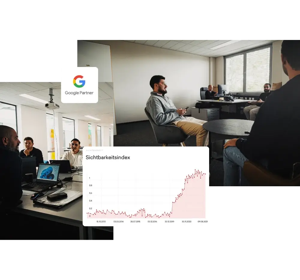 2 Bilder die das Team zeigen, sowie ein Laptop, der die Google Search Console anzeigt und das Google Logo