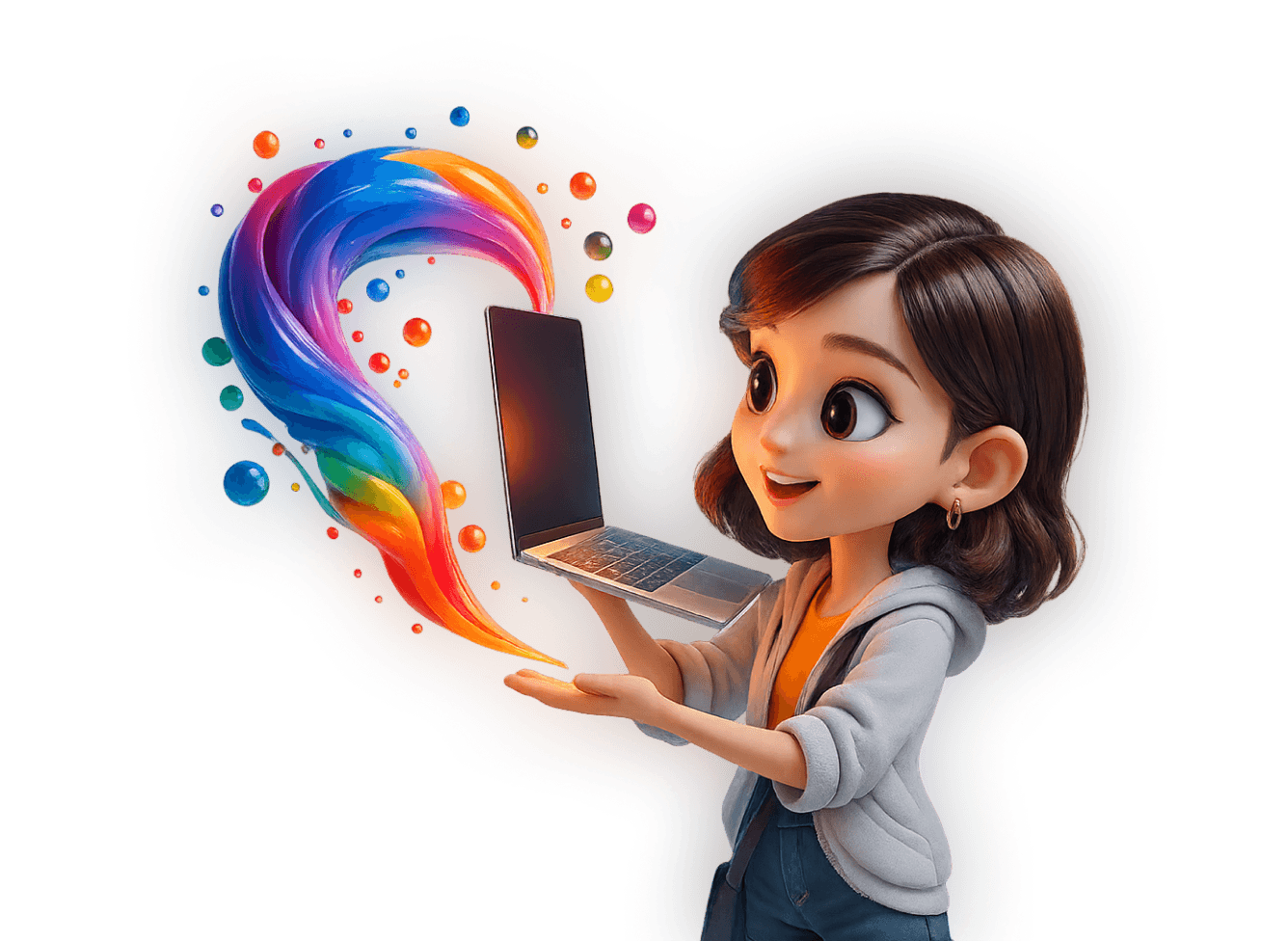 Animated character holding a laptop with colorful light and shapes flowing out of the screen