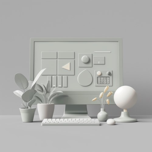 3d Visualisierung eines Schreibtisches mit einem Bildschirm, Tastatur und Maus. Daneben stehen Pflanzen und eine Tischlampe.