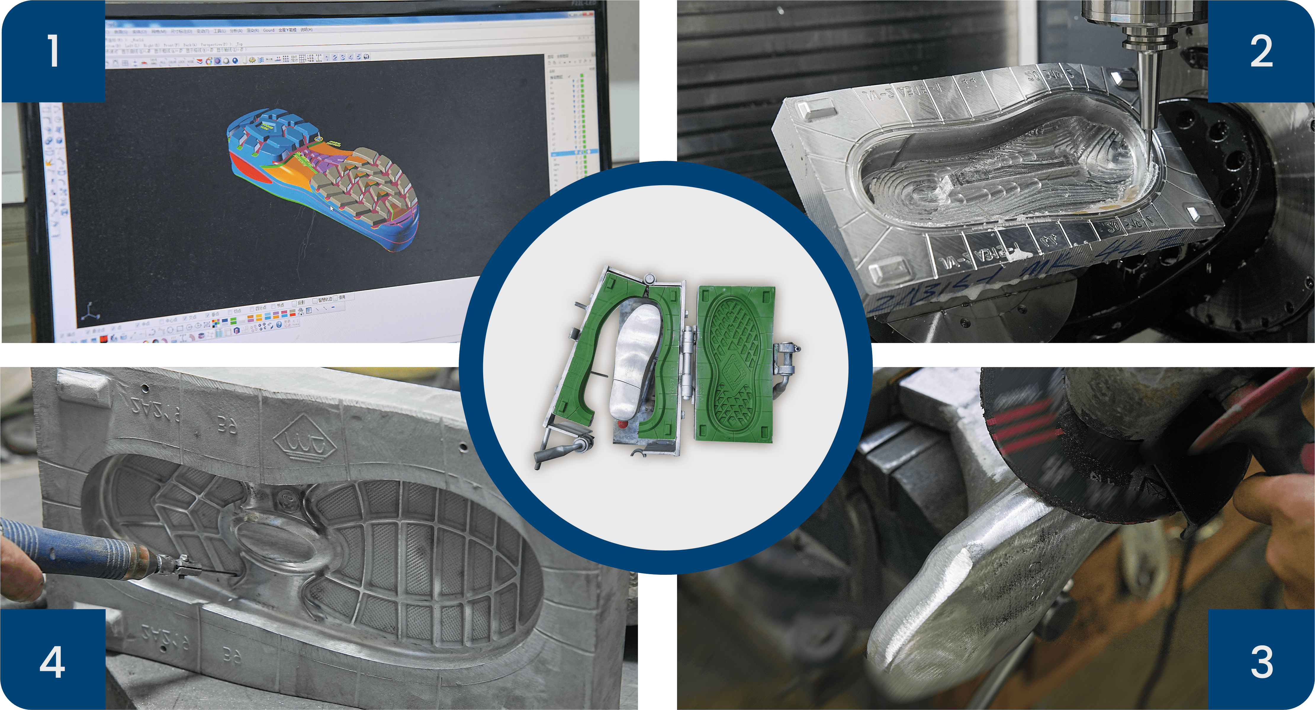 JG PU shoe mold collection showing 5-axis CNC machined aluminum molds for polyurethane footwear production