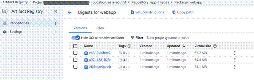 Title: Figure 4 — The regional pkg.dev repository that replaces gcr.io. The location is part of the hostname, not a setting. - Description: Artifact Registry console showing the webapp package with three tagged versions, each with its digest, upload time and size, in an asia-south1 repository.