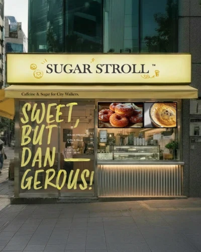 外観リブランディング提案後：店名看板と黄色庇、ドーナツ写真の外観