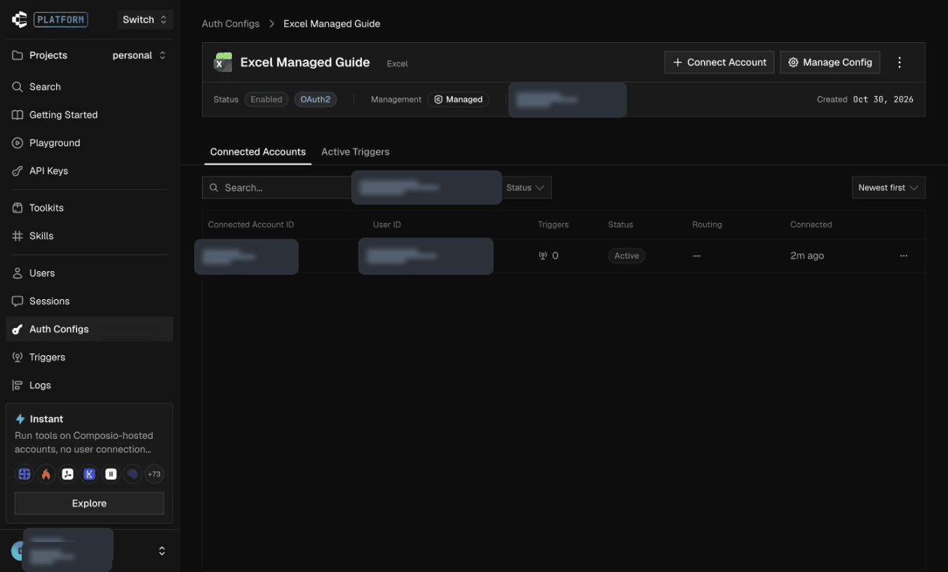 Excel managed connected account showing Active