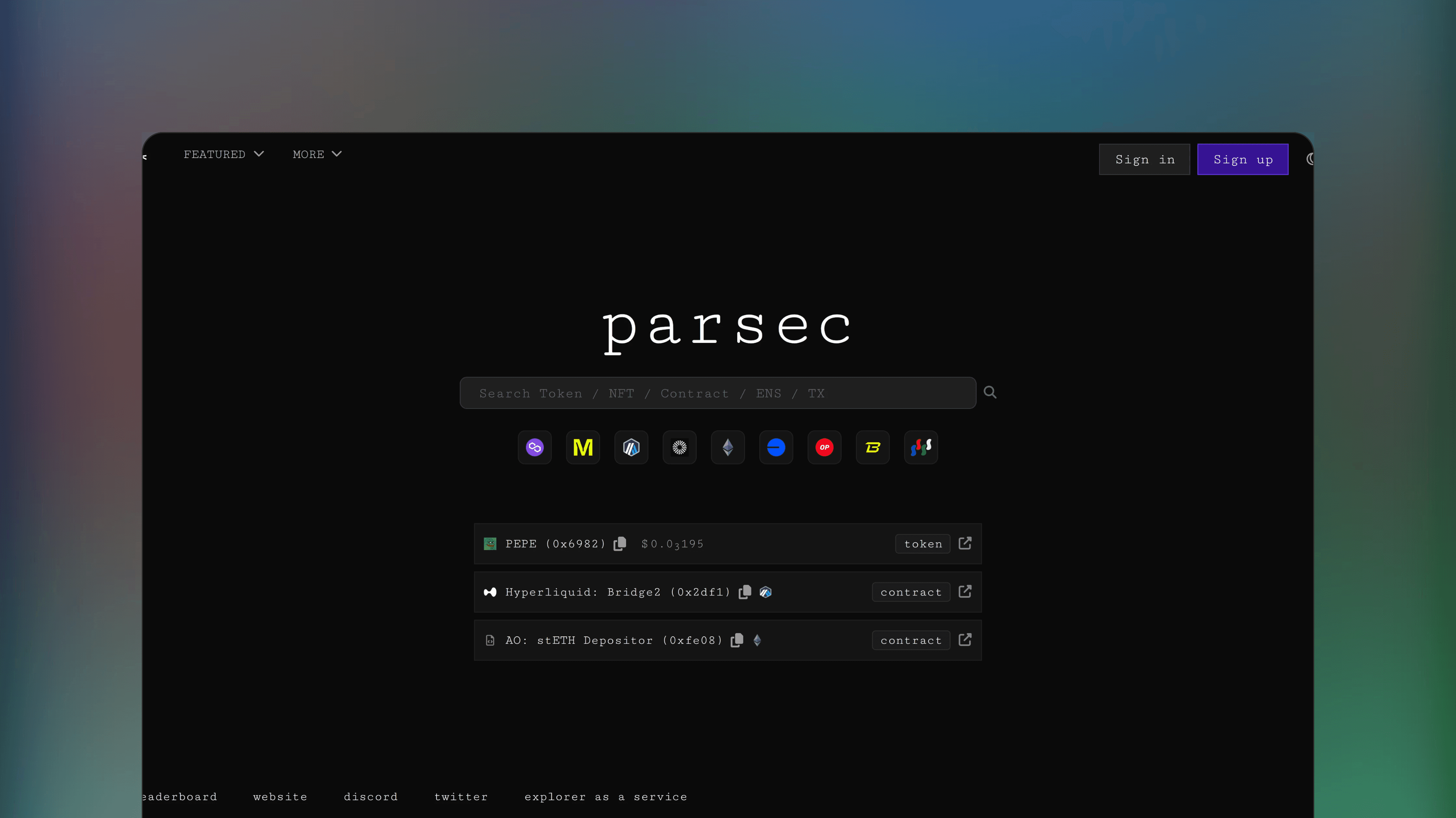 Website preview of Parsec Finance, trade analytics crypto platform featuring a modular interface for monitoring on-chain data and DeFi protocols.