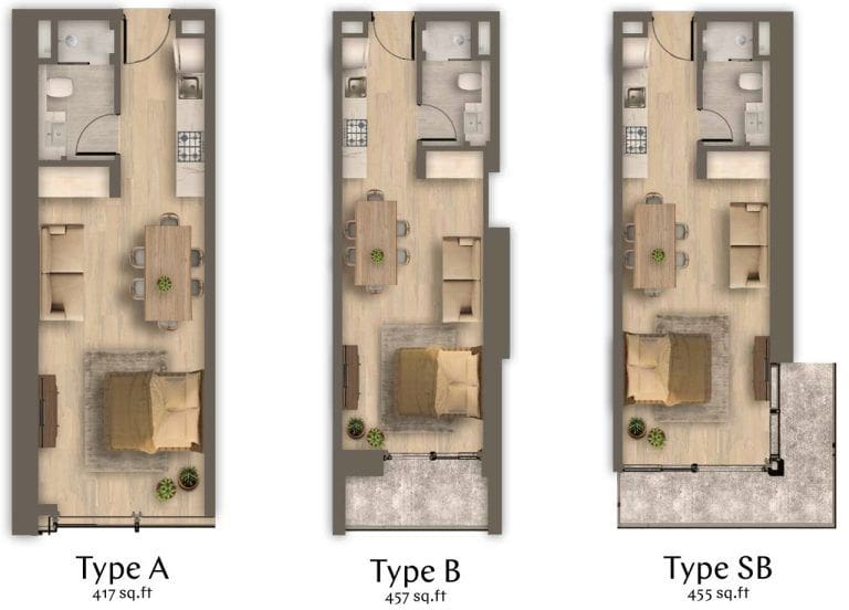 Studio apartment layouts showing Type A, B, and SB floor plans, optimized for comfort and style.