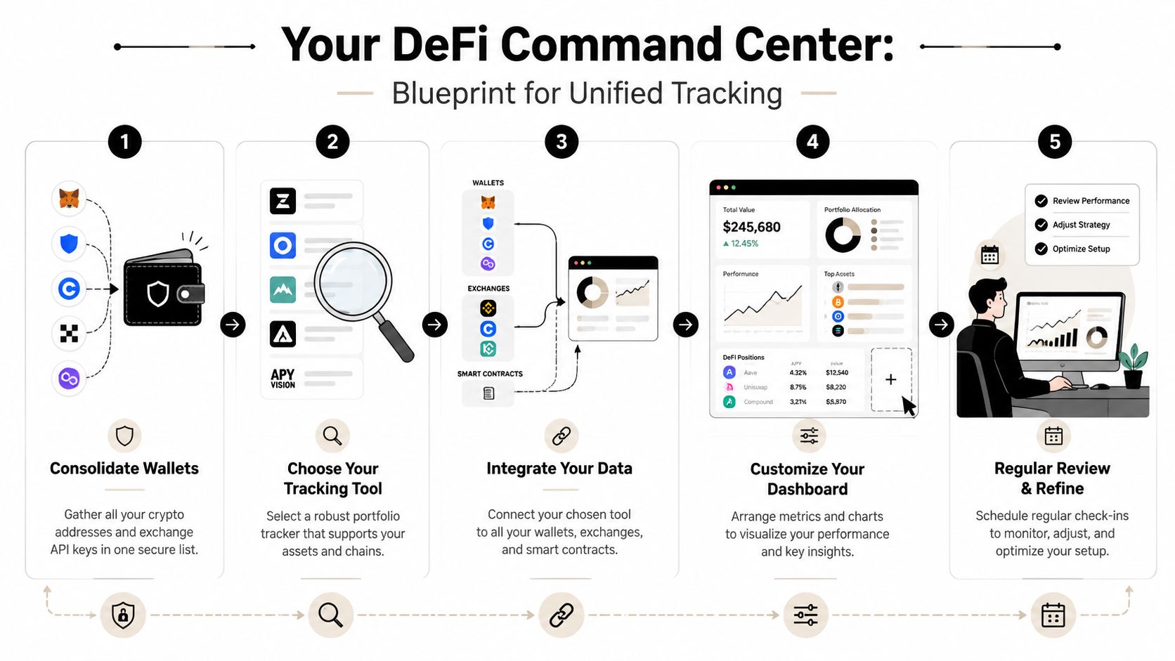 A five-step infographic showing a blueprint for consolidating crypto wallets and tracking DeFi portfolio performance.