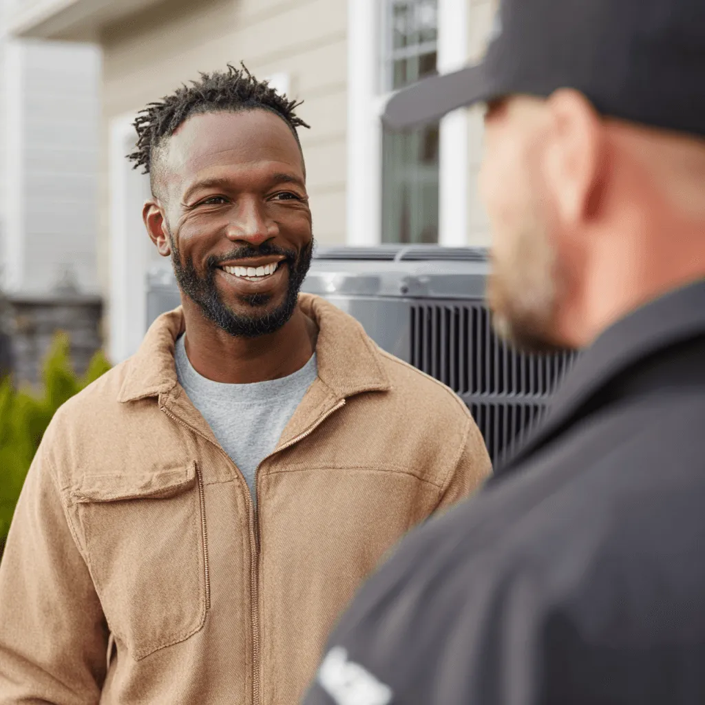 HVAC Pro tech talking to homeowner