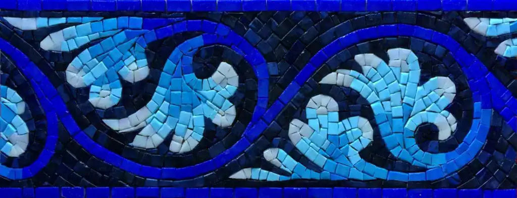 Acanthus Scroll mosaic border, Turquoise and white on black, hand-cut — reference H-19, Mosaiclegs Art Studio