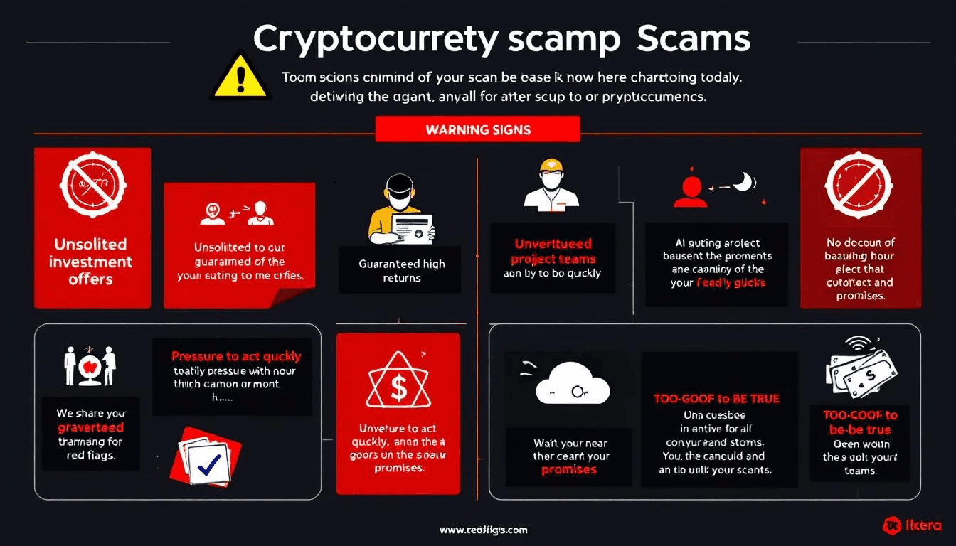 The image depicts various warning signs and red flags associated with cryptocurrency scams, including phrases like "phishing scams" and "secure transactions." It emphasizes the importance of being cautious when engaging in bitcoin transactions and protecting digital assets against potential fraud.