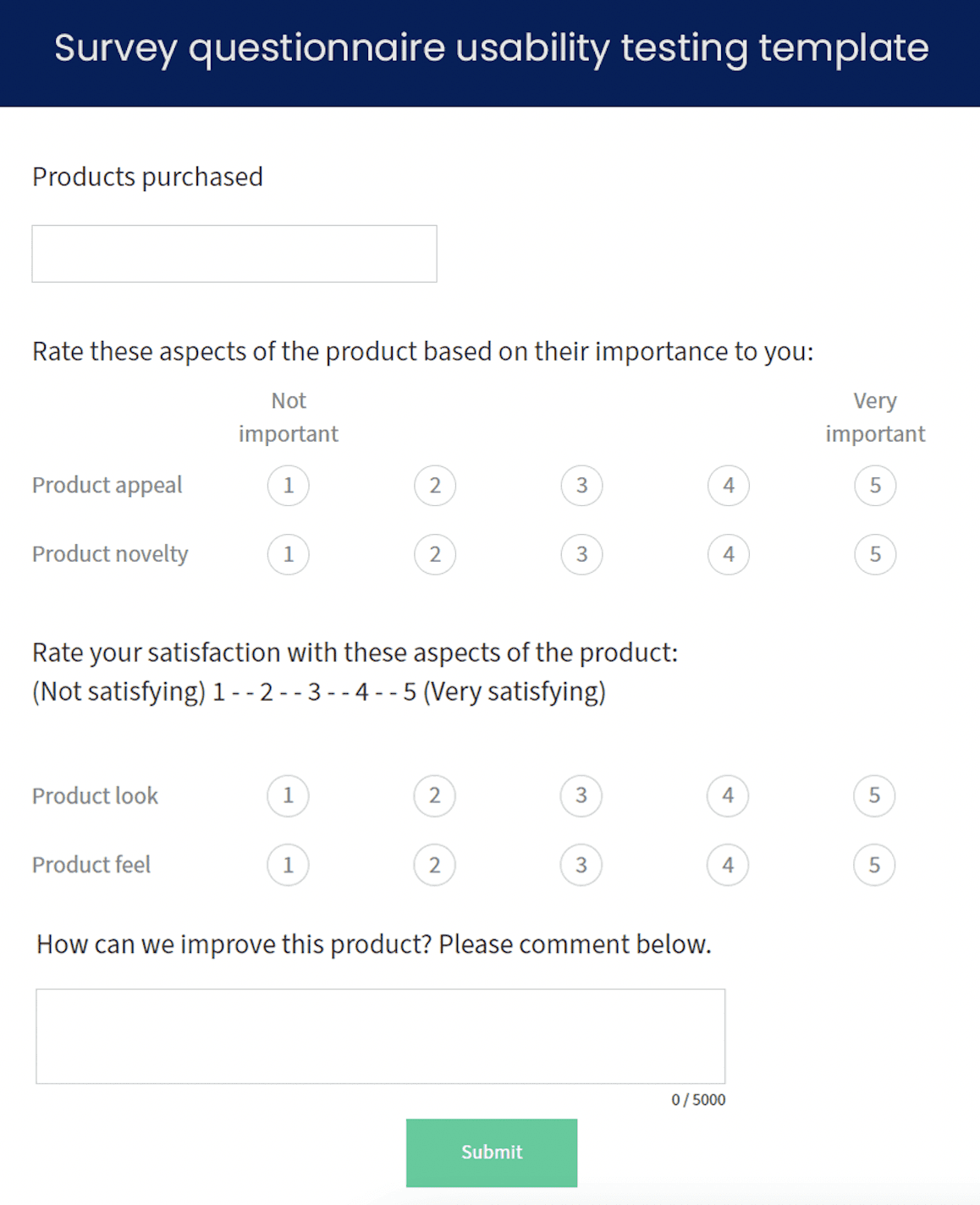 Survey questionnaire usability testing template