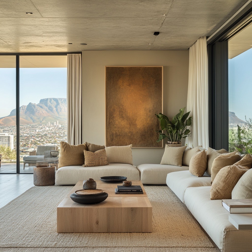 A modern living room with a neutral color palette features a large beige sectional sofa adorned with plush cushions, a wooden coffee table with black decorative items, floor-to-ceiling windows offering a scenic view of a city skyline and mountains, and contemporary wall art flanked by lush green plants.