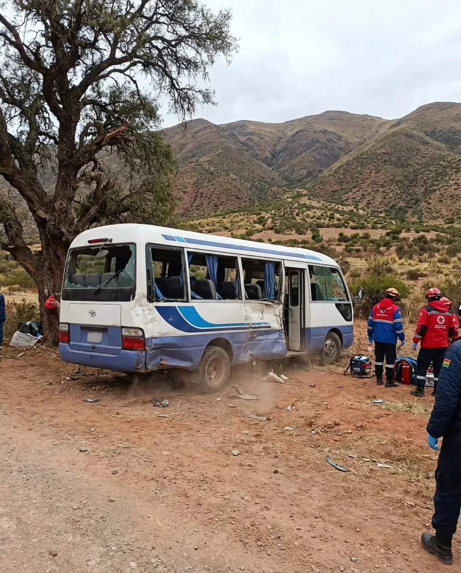 Damaged minibus on a rural Bolivian road with emergency responders present.
