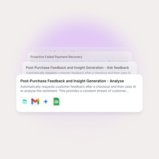 Stacked campaign cards highlighting a post-purchase feedback and insight generation workflow, representing Quboid’s battle-tested campaign library.