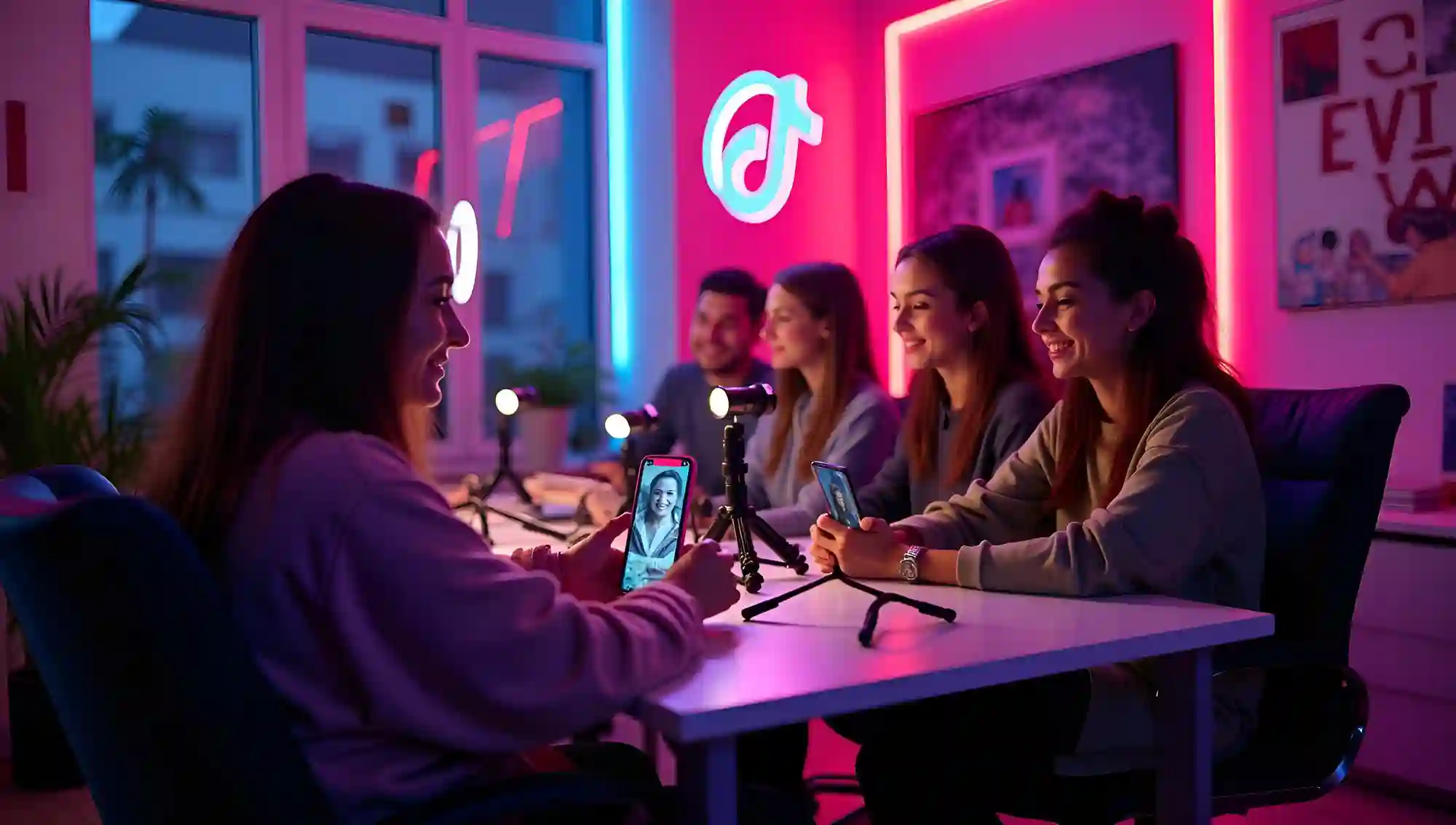 Four friends recording a podcast in a neon-lit studio.