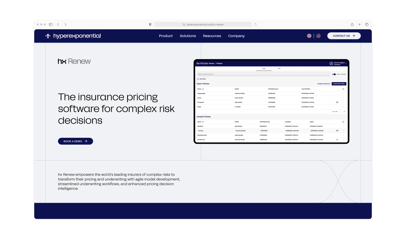 hx Renew page showcasing insurance pricing software with a table interface for policy management.