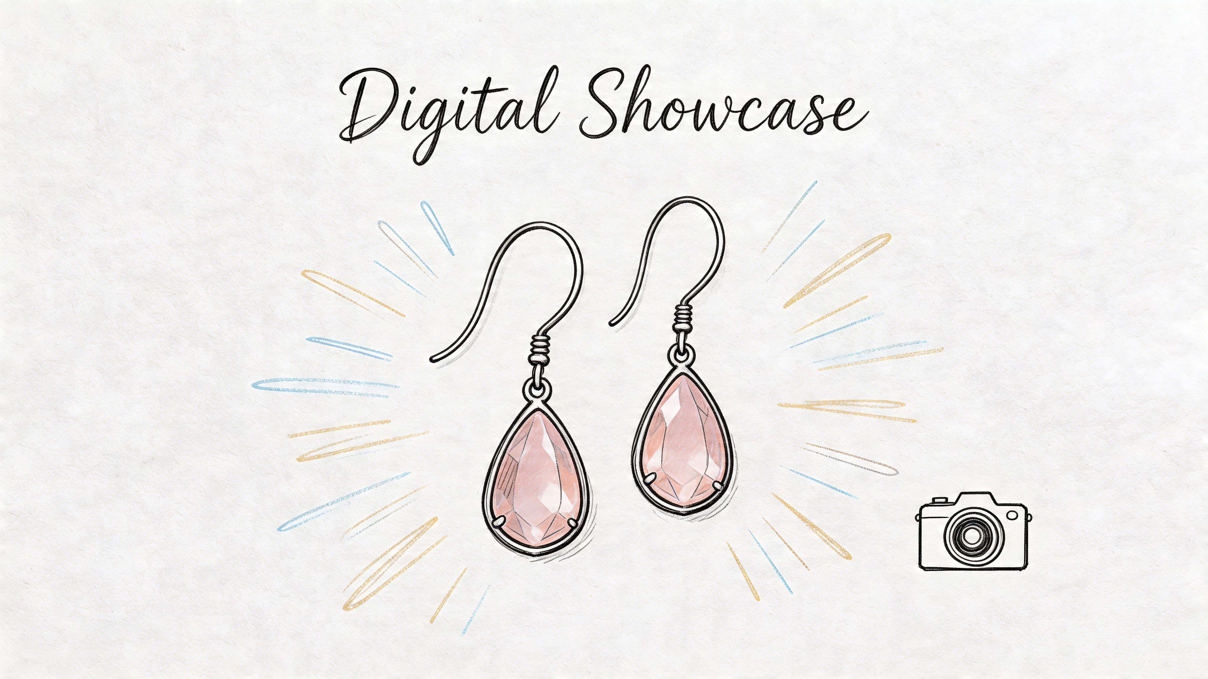A sketched illustration of elegant pink teardrop earrings displayed with a camera icon on a textured background.
