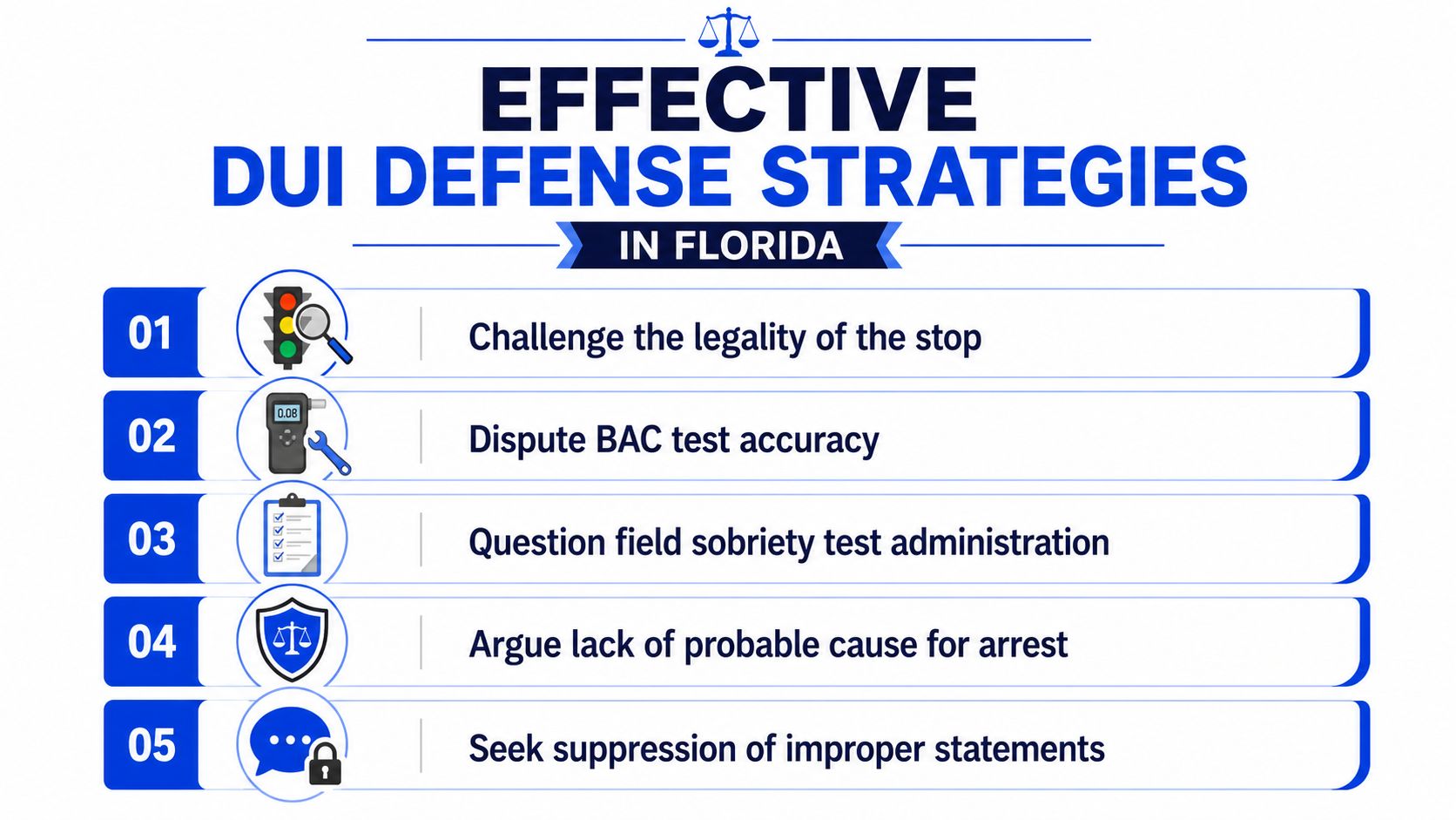 A list of five effective DUI defense strategies for legal cases in the state of Florida.
