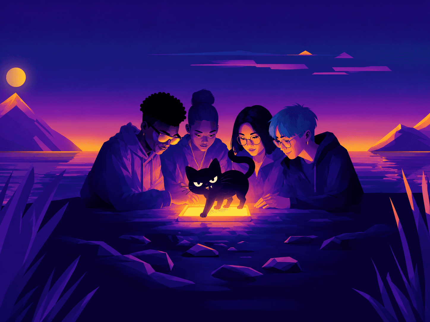 4 students looking at a glowing tablet, illustrative