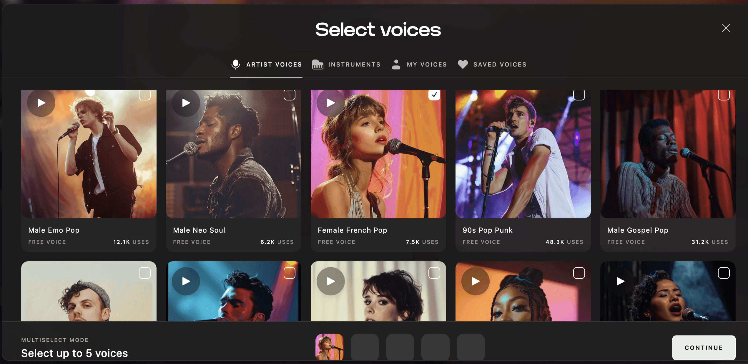 Kits AI voice library selection page