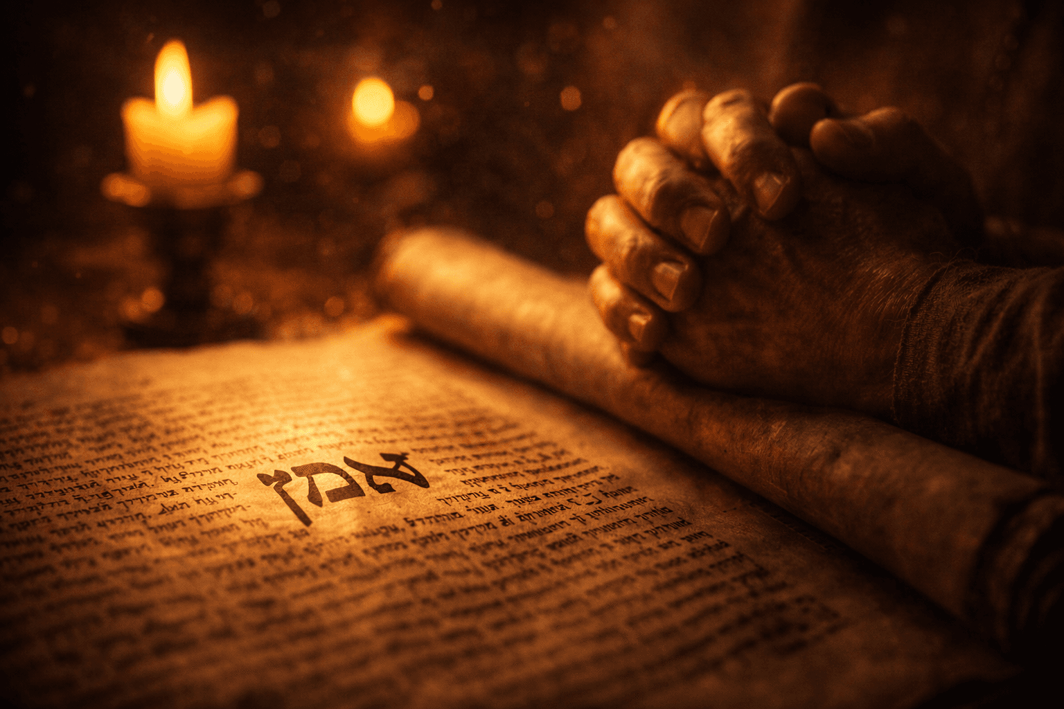 Cinematic close-up of an ancient Hebrew scroll with the word Amen illuminated by candlelight beside folded hands in prayer