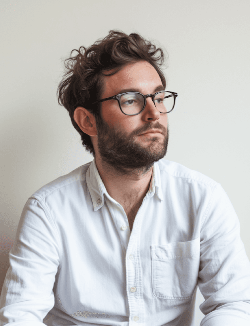 A person with short, dark, wavy hair and a beard is wearing black-rimmed glasses and a white button-up shirt, looking to the side against a plain light background.