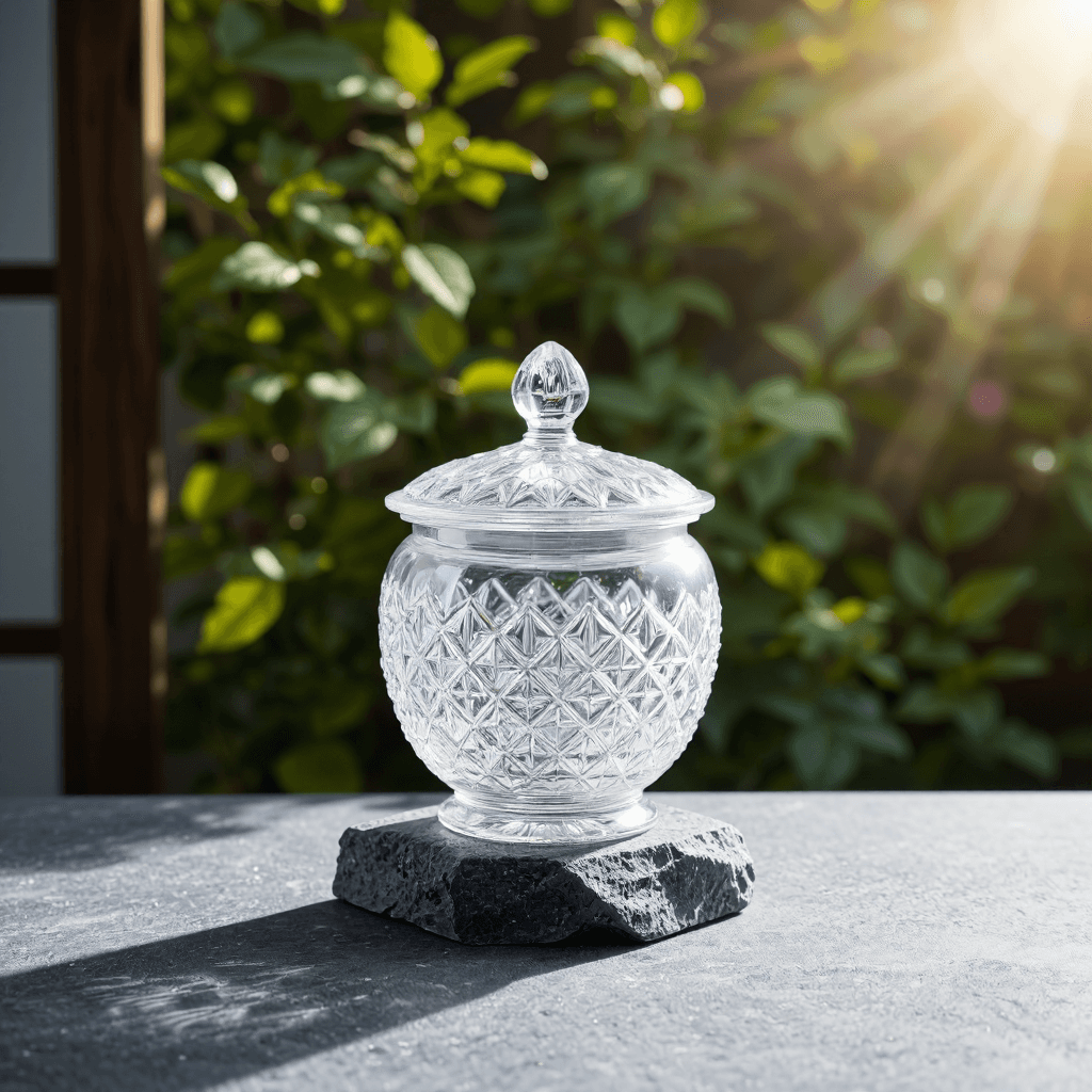product photography of a decorative glass container with a lid, used for storage or display