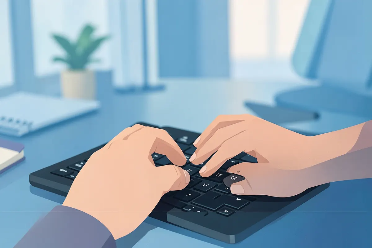 A person typing on a laptop keyboard, with a blurred background of a modern office