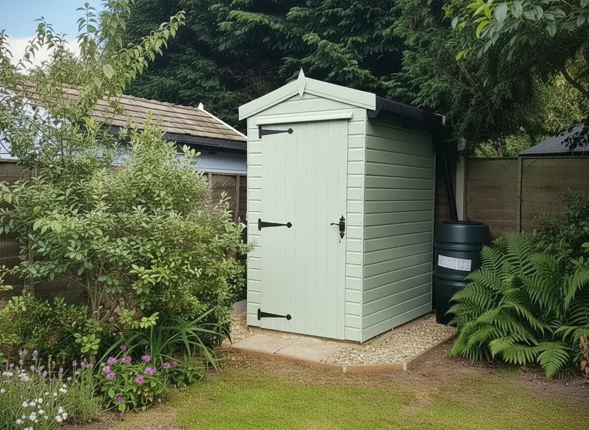 Sage green painted apex shed in a planted Norwich garden