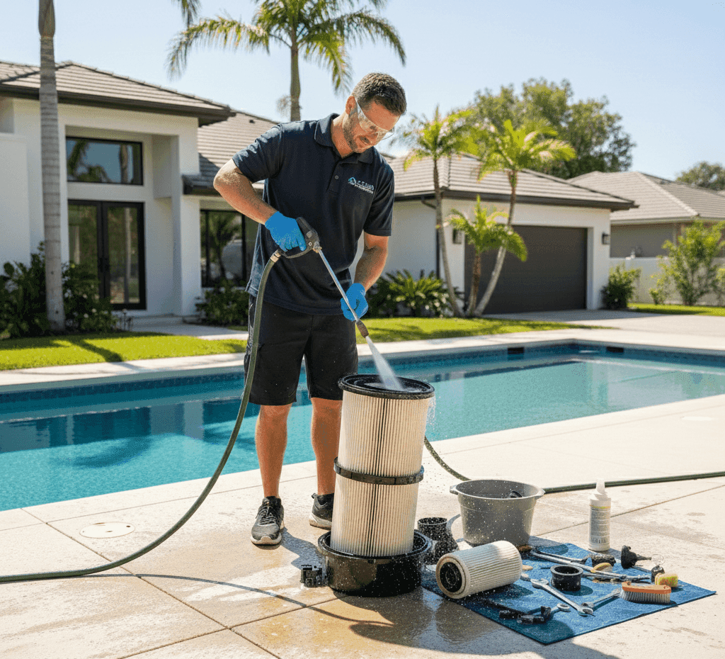 Pool being drained and pressure washed to remove buildup and stains