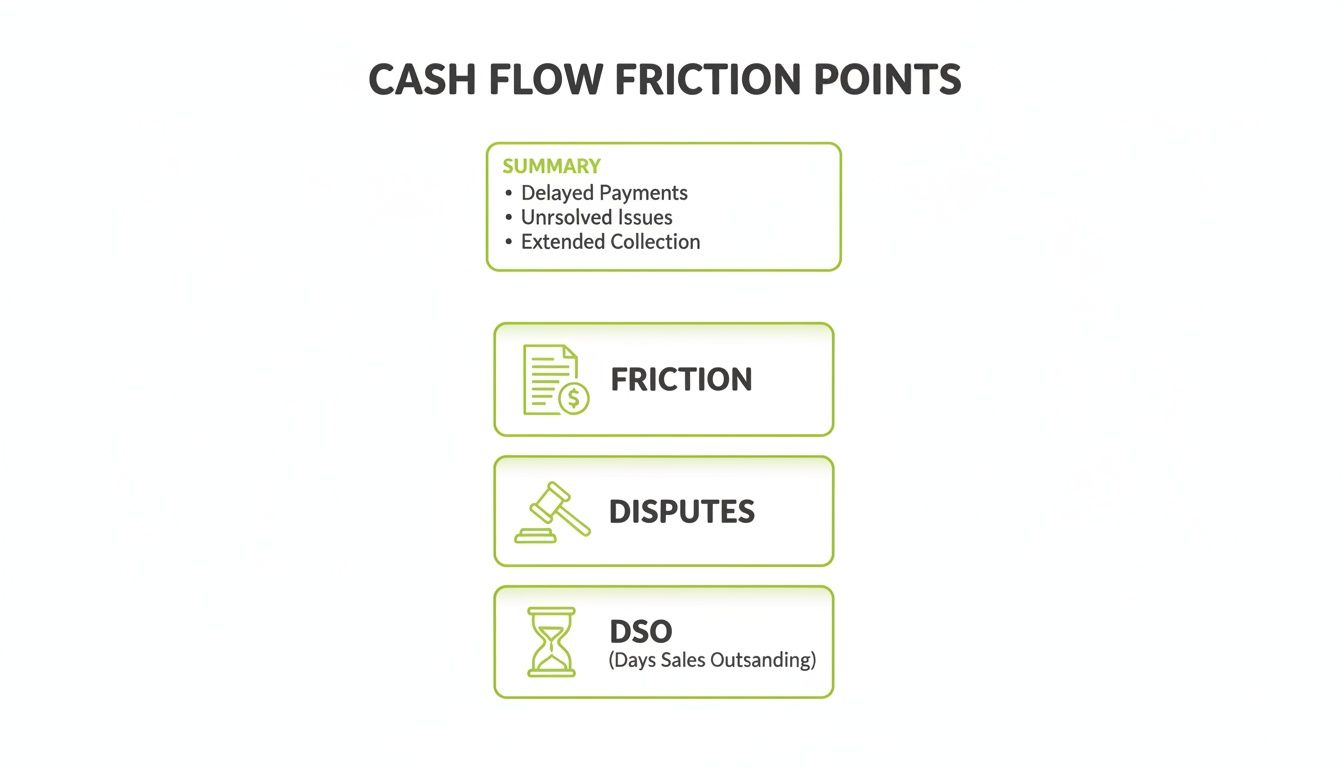 An infographic detailing cash flow friction points: delayed payments, unresolved issues, disputes, and Days Sales Outstanding (DSO).