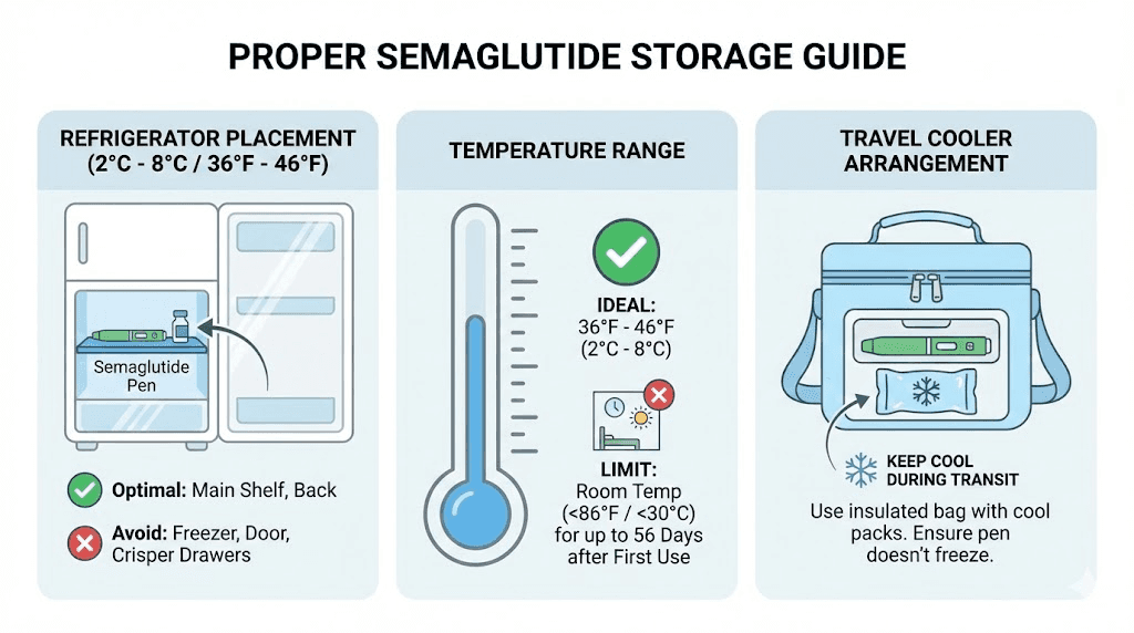 Proper storage setup for compounded semaglutide refrigerator and travel