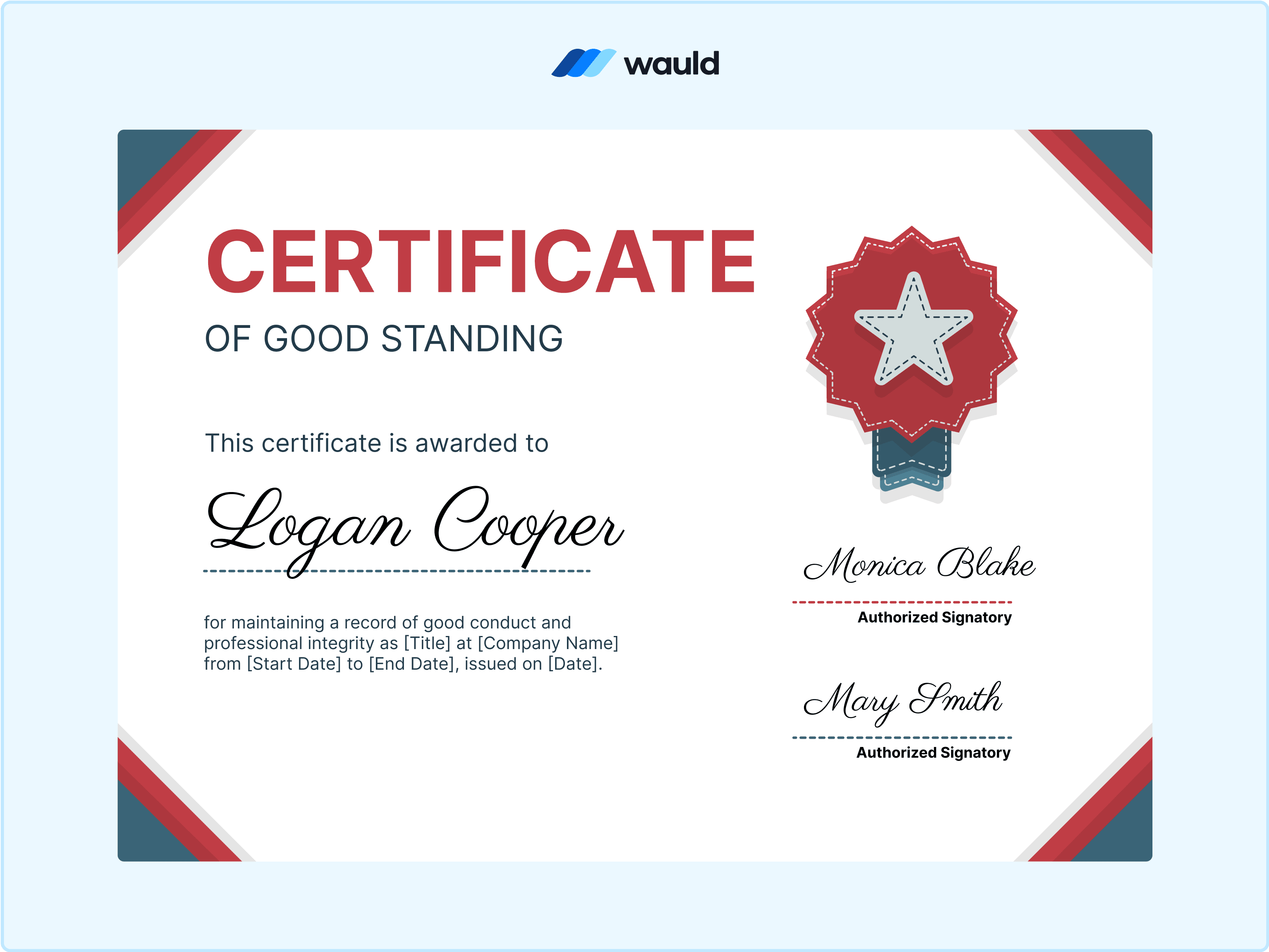 Wauld - Authoritative good standing certificate template&nbsp;