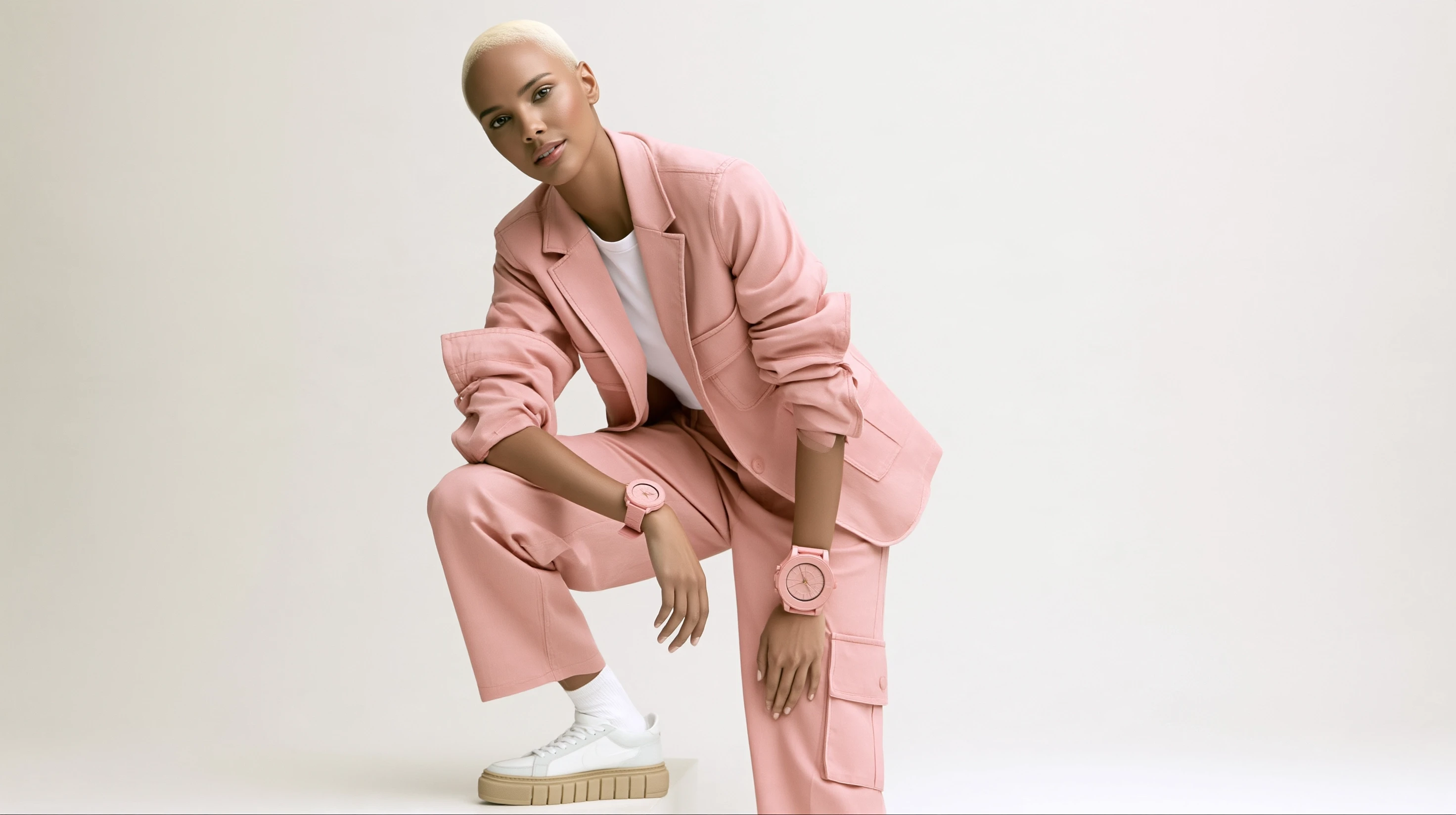 Model leaning forward with one knee raised, wearing a pink suit, matching watches, and white sneakers.